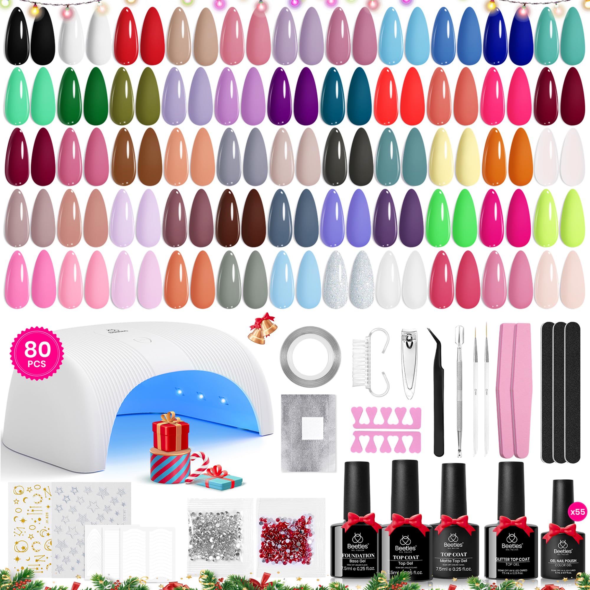 Beetles Gel Nail Polish Kit with U V Light 80Pcs Color Enchantment 55 Colors Gel Polish Starter Kit with Base Top Coat Nail Art Stickers All Season Gel Nail Polish Set Manicure Tools Gifts for Women