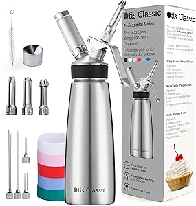 Otis Classic Whipped Cream Dispenser - Stainless Steel Whipper w/Chargers for Desserts - Professional Culinary 500ml Canisters w/ 3 Whip Decorating Nozzles