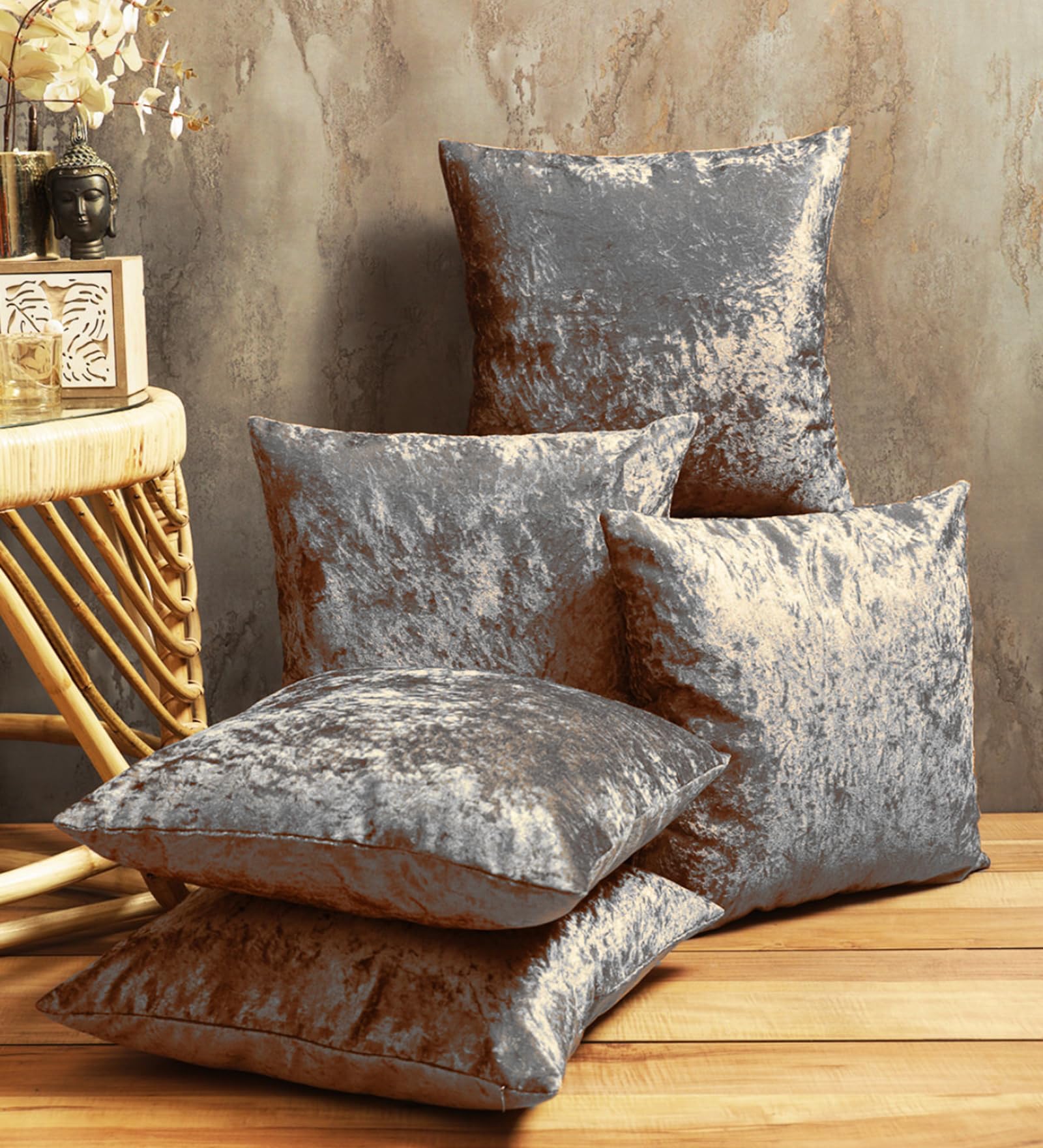 Romee Soft Fabric Plain Velvet Cushion Covers 16 inch x 16 inch, Set of 5 - Grey