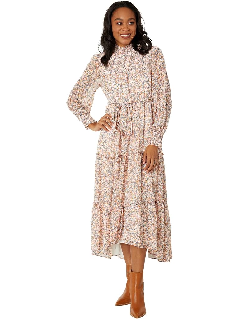 1.STATE Long Sleeve Smocked Neck and Yoke Midi Dress