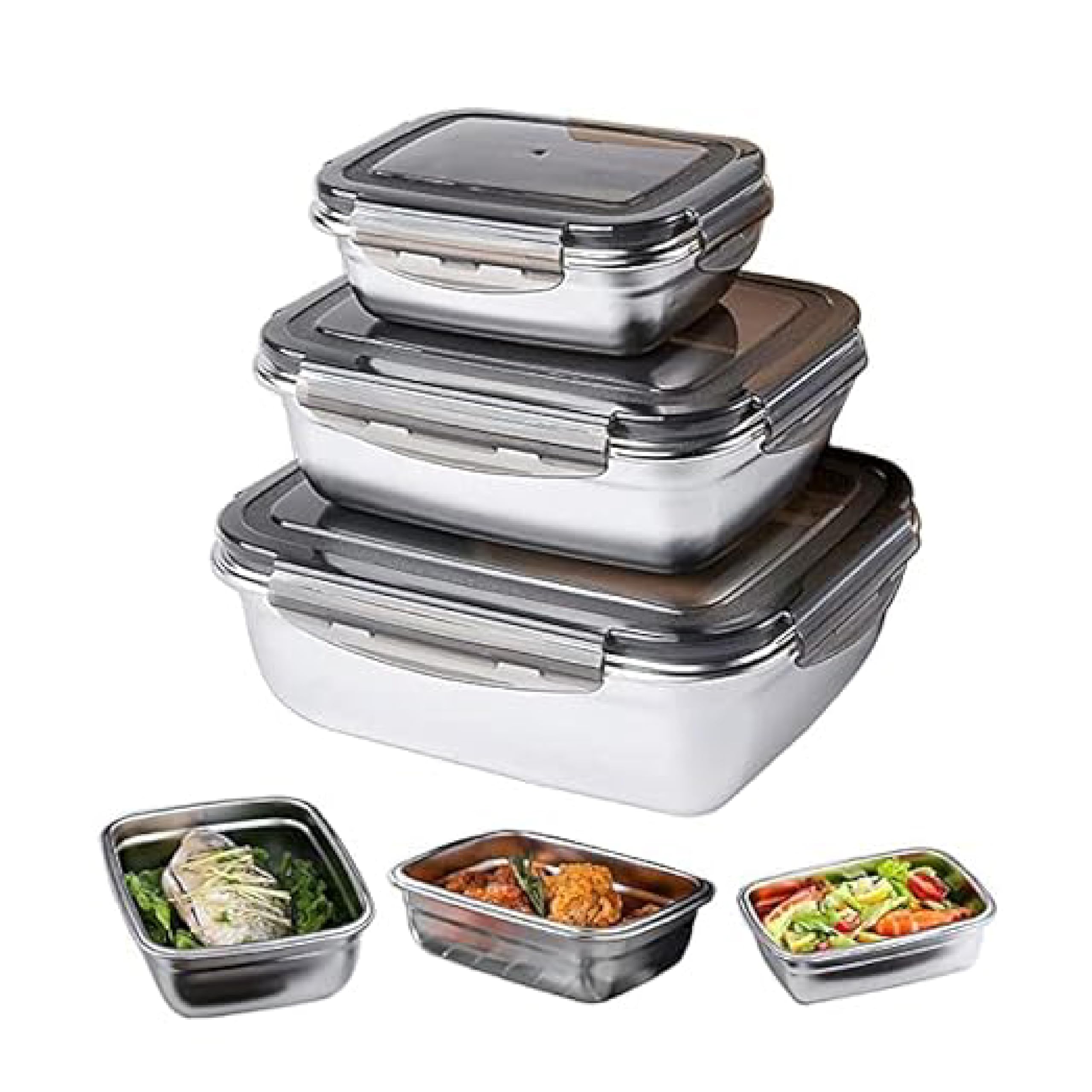 Femora High Stainless Steel Rectangular Container, Leakproof airtight Lid, 350 ML, 550 ML, 850 ML, Pack of 3, Silver