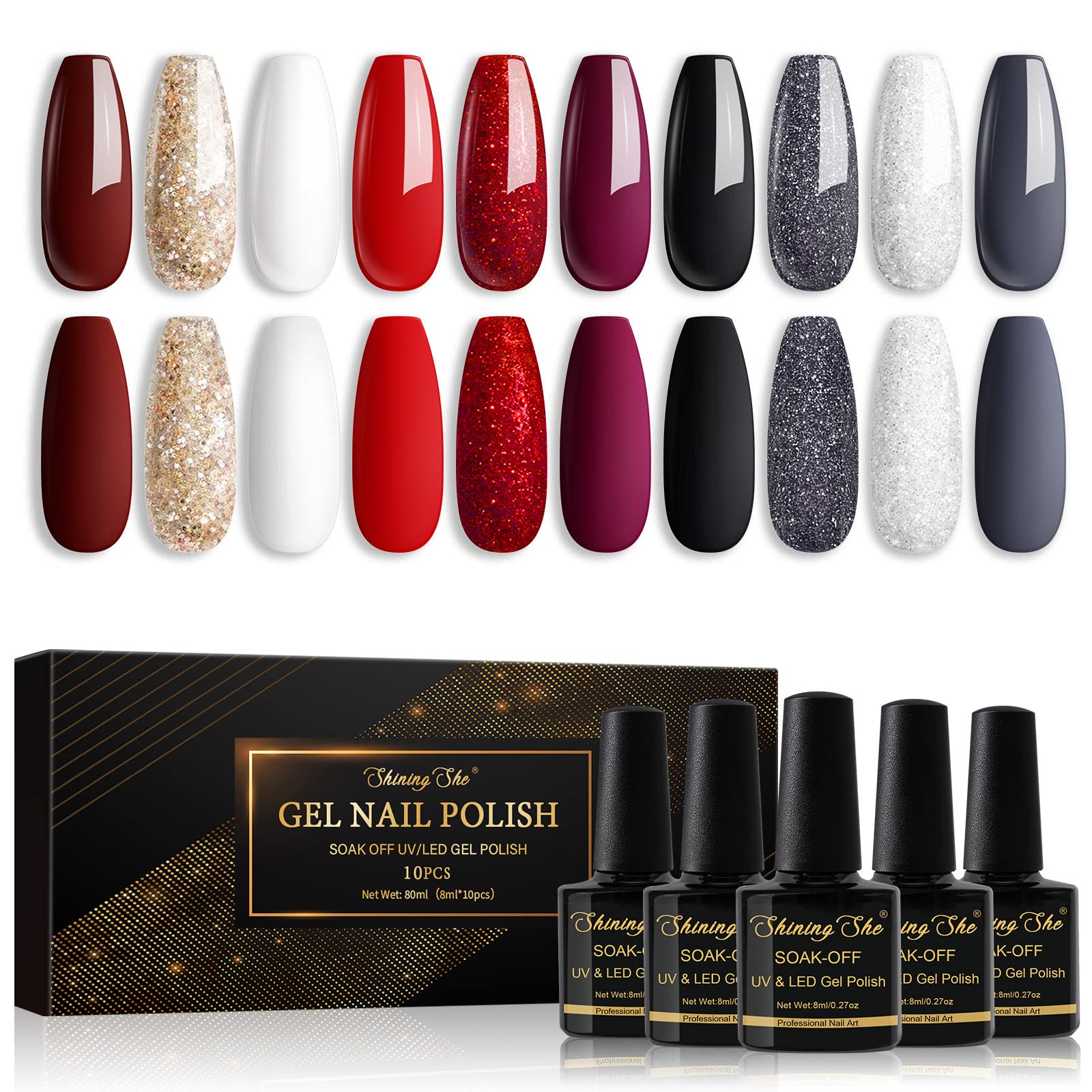 Shining She Nail Polishes Set, 10 Colours Red White Grey Black Glitter Pastel Gel Polish Set Soak-Off UV/LED Nail Polish Gel Manicure for Nail Art Salon DIY Home, 8ML