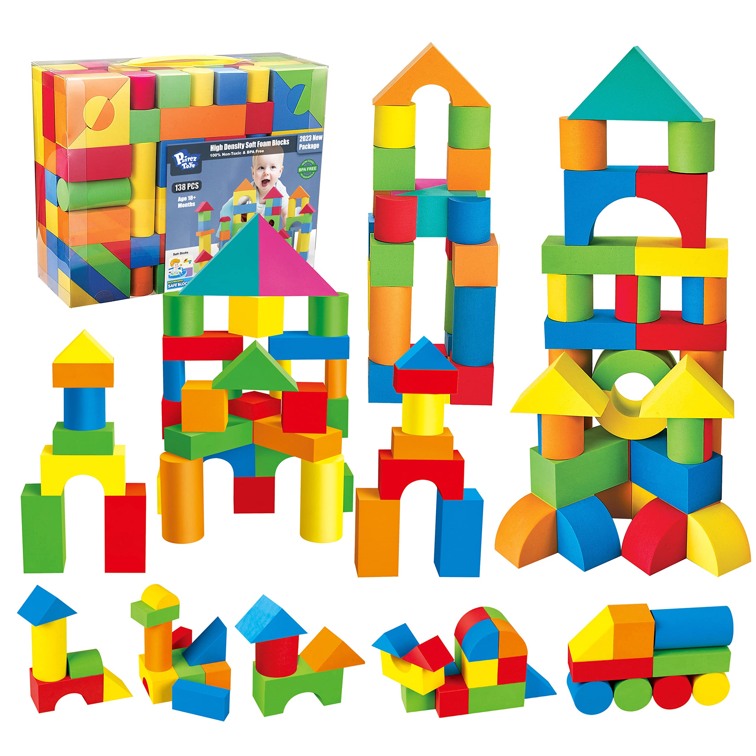 Pairez Toys Foam Blocks for Toddlers, 138 Pieces EVA Soft Stacking Building Blocks Toy Set, Early Learning Construction Toys & Gifts for Kids, Boys & Girls 18+ Months 1-3 Years