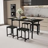 5-Piece Dining Table Set with 4 Stools&comma; 63" Extendable Kitchen Table Set for 4-8 People&comma; Dining Room Table with Metal Frame&comma; Saving Space&comma; Easy Assembly&comma; Black