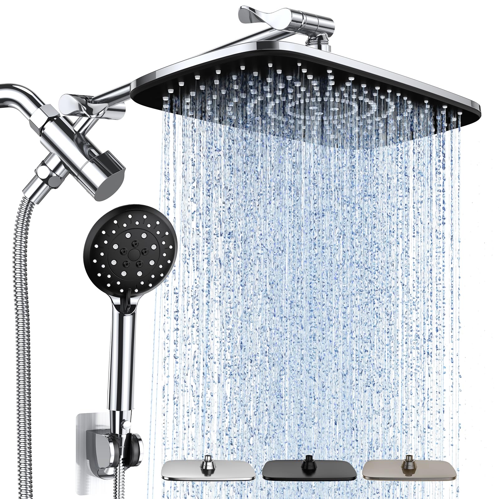 Veken High Pressure Rain Shower Head Combo with Extension Arm- Wide Showerhead with Handheld Water Spray - Adjustable Dual Showerhead with Anti-Clog Nozzles - Silver Chrome