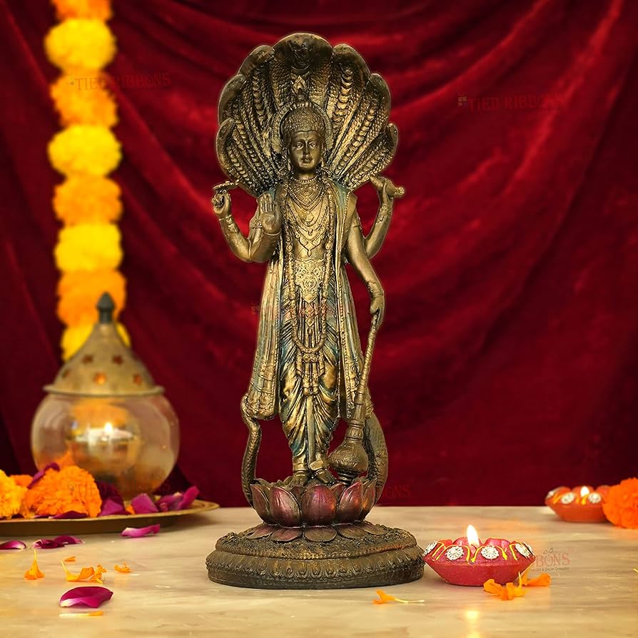 TIED RIBBONS Lord Vishnu Idol Satue Standing on Lotus Flower ...