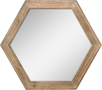 Stonebriar Decorative 24" Hexagon Hanging Wall Mirror with Natural Wood Frame and Attached Hanging Bracket, Rustic Farmhouse Decor for the Living Room, Bathroom, Bedroom, and Entryway Brown