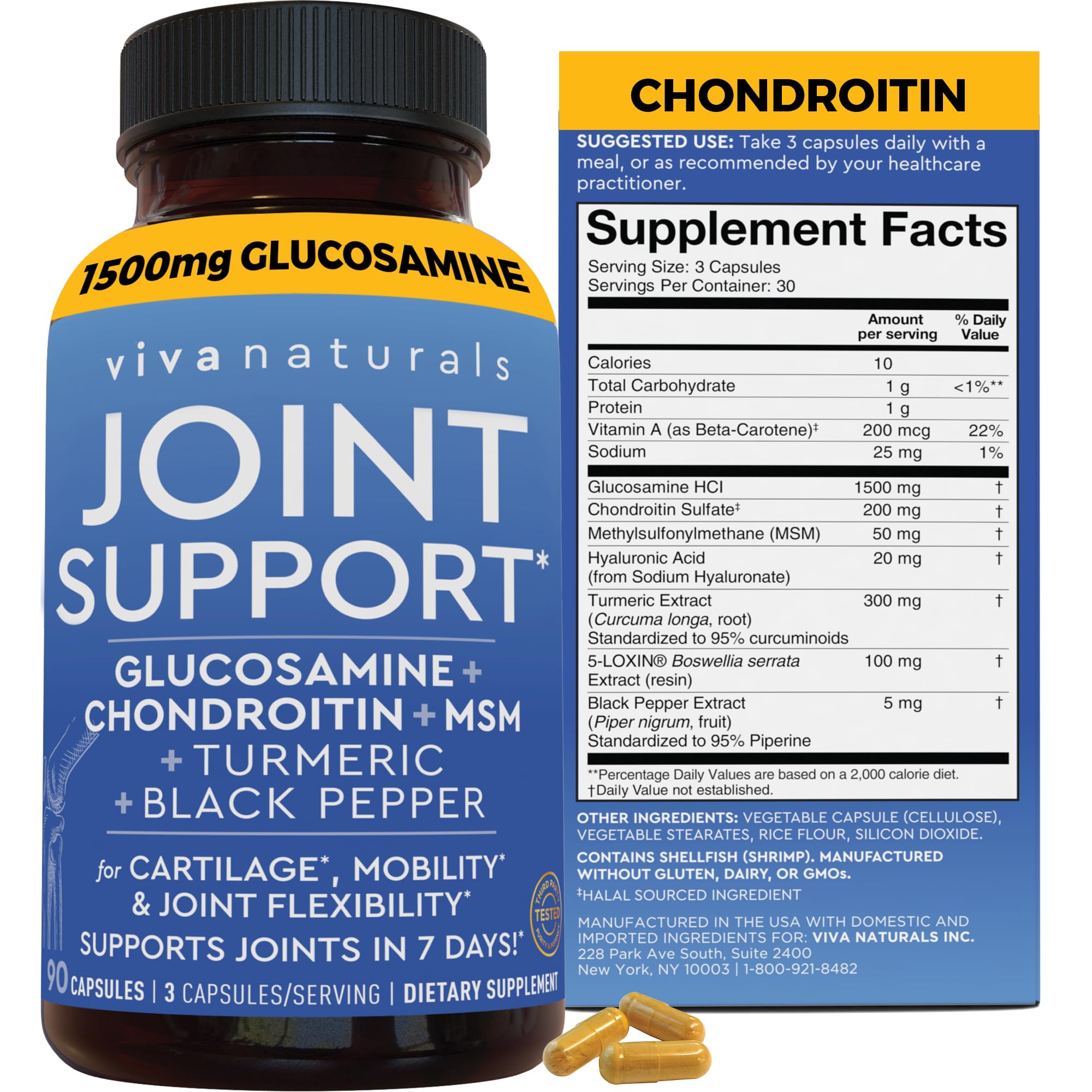 Glucosamine Chondroitin MSM Joint Support Supplement, 90 Capsules - with Turmeric, Black Pepper, Boswellia and Hyaluronic Acid - Joint Health Supplement for Mobility, Flexibility and Comfort