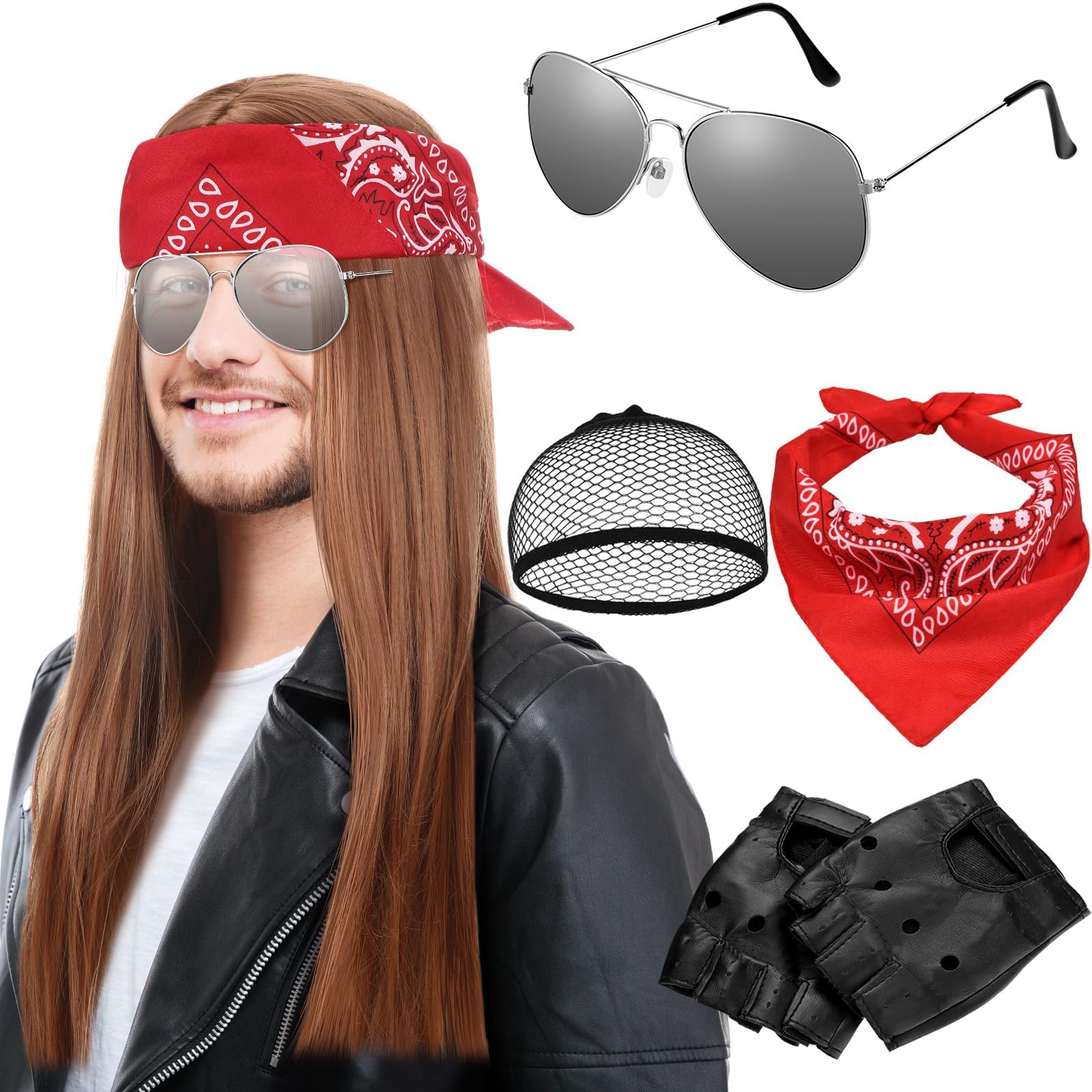 KASTWAVE 90s Rocker Costume Set Rock Costume Includes Wig, Gloves, Wig cap, Sunglasses and Bandanas for Halloween Men Women Cosplay Accessories