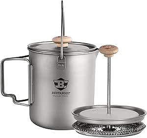 Bestargot Cafetiere Camping en Titane 750ml,Cafetière à Piston,Ultralight Tasse à Titane,Popote Bivouac Multifonctions,Titane Pur,Léger et Portable 188g