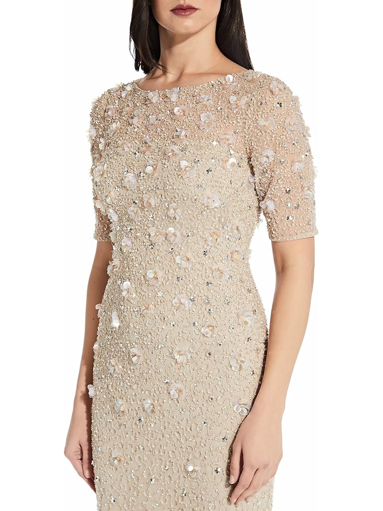 Adrianna Papell Short Sleeve 3-D Beaded T-Shirt Dress