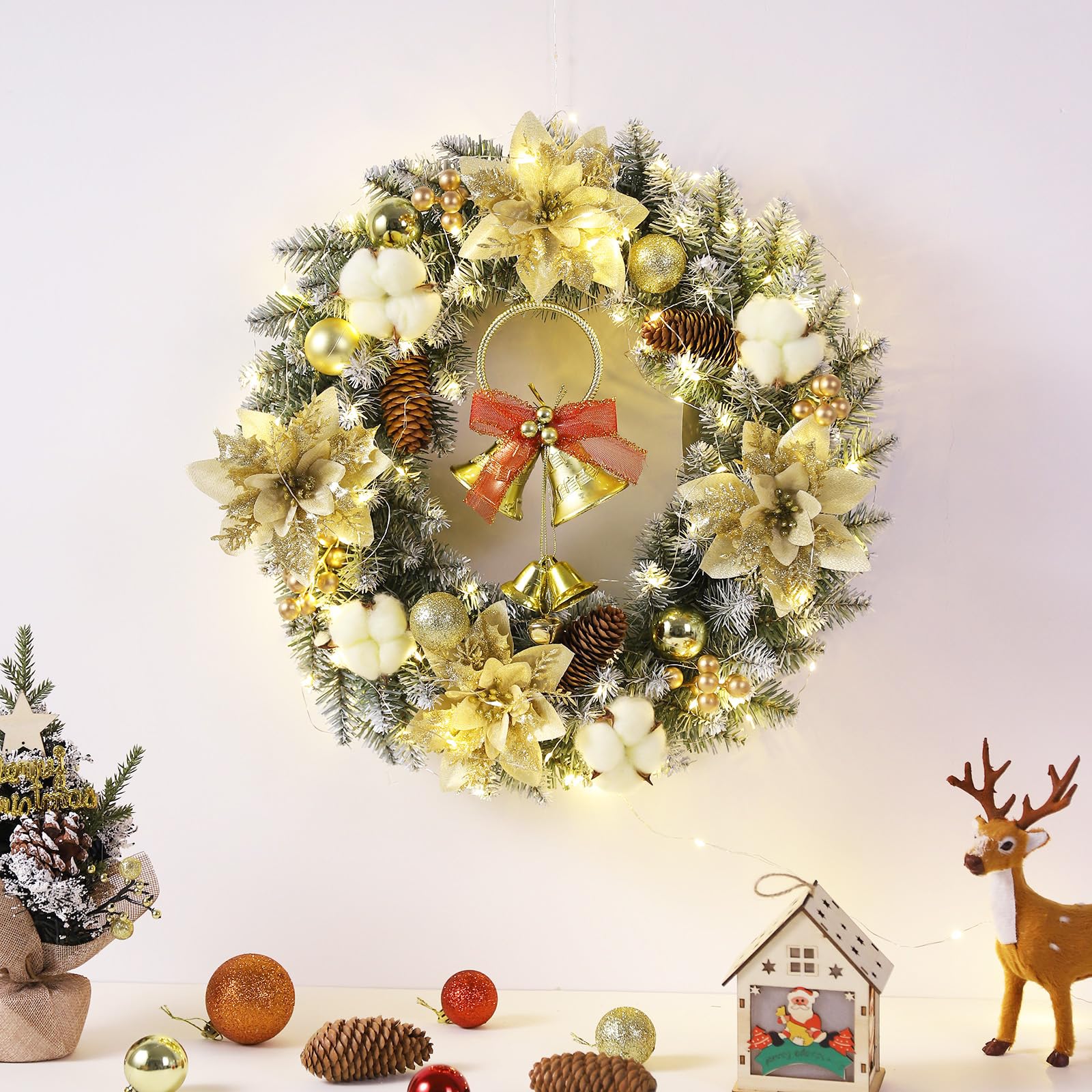 Feidet Pre-Lit Artificial Winter Wreaths for Front Door, Winter Wreath ...