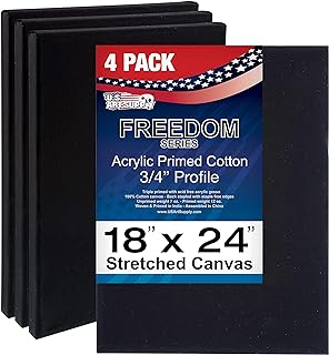 U.S. Art Supply 18 x 24 inch Black Stretched Canvas 12-Ounce Primed, 4-Pack - Professional Artist Quality 3/4" Profile, 10...