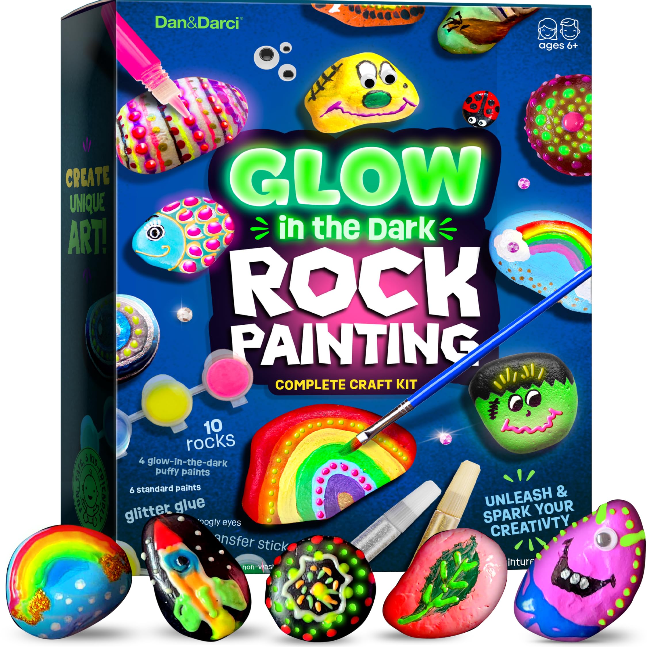 Dan&Darci Kids Rock Painting Kit - Glow in The Dark - Arts & Crafts Easter Gifts for Boys and Girls Ages 6-12 - Craft Activities Kits - Creative Art Toys for 6, 7, 8, 9, 10, 11 & 12 Year Old Kids