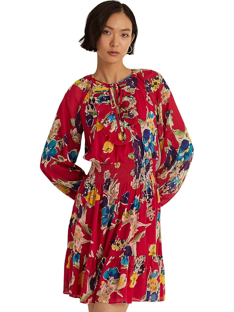 Lauren Ralph Lauren Petite Floral Crinkle Georgette Long Sleeve Dress