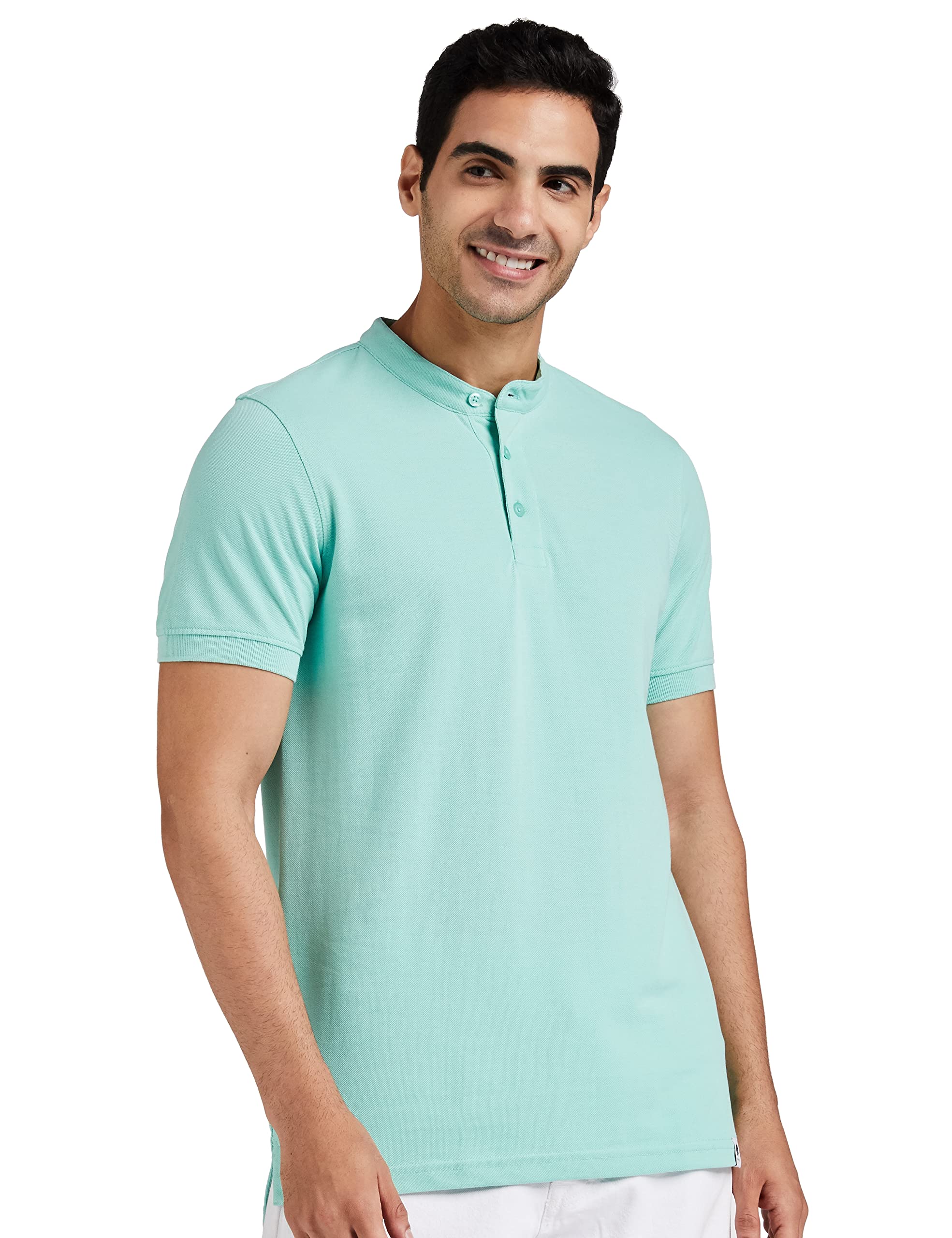 Amazon Brand - Symbol Men's Solid Cotton Rich Polo T Shirt | Mandarin Collar Tshirts | Half Sleeves | Plain-Regular Fit