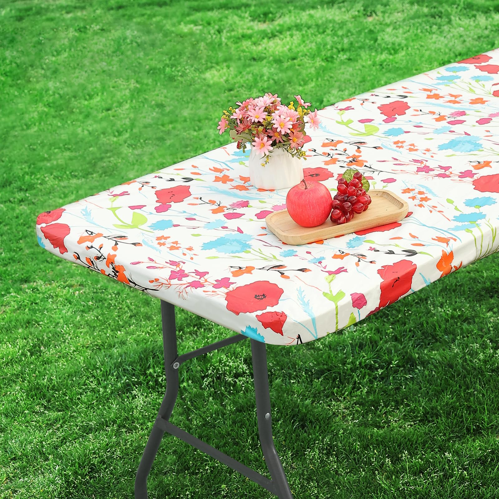 misaya Rectangle Vinyl Tablecloth, Fitted Table Cover, 100% Waterproof, Elastic Edge, Flannel Backing, Plastic Table Cloth Fit 6 Foot Folding Tables for Picnic, Camping, Outdoor (Flowers, 30x72 inch)