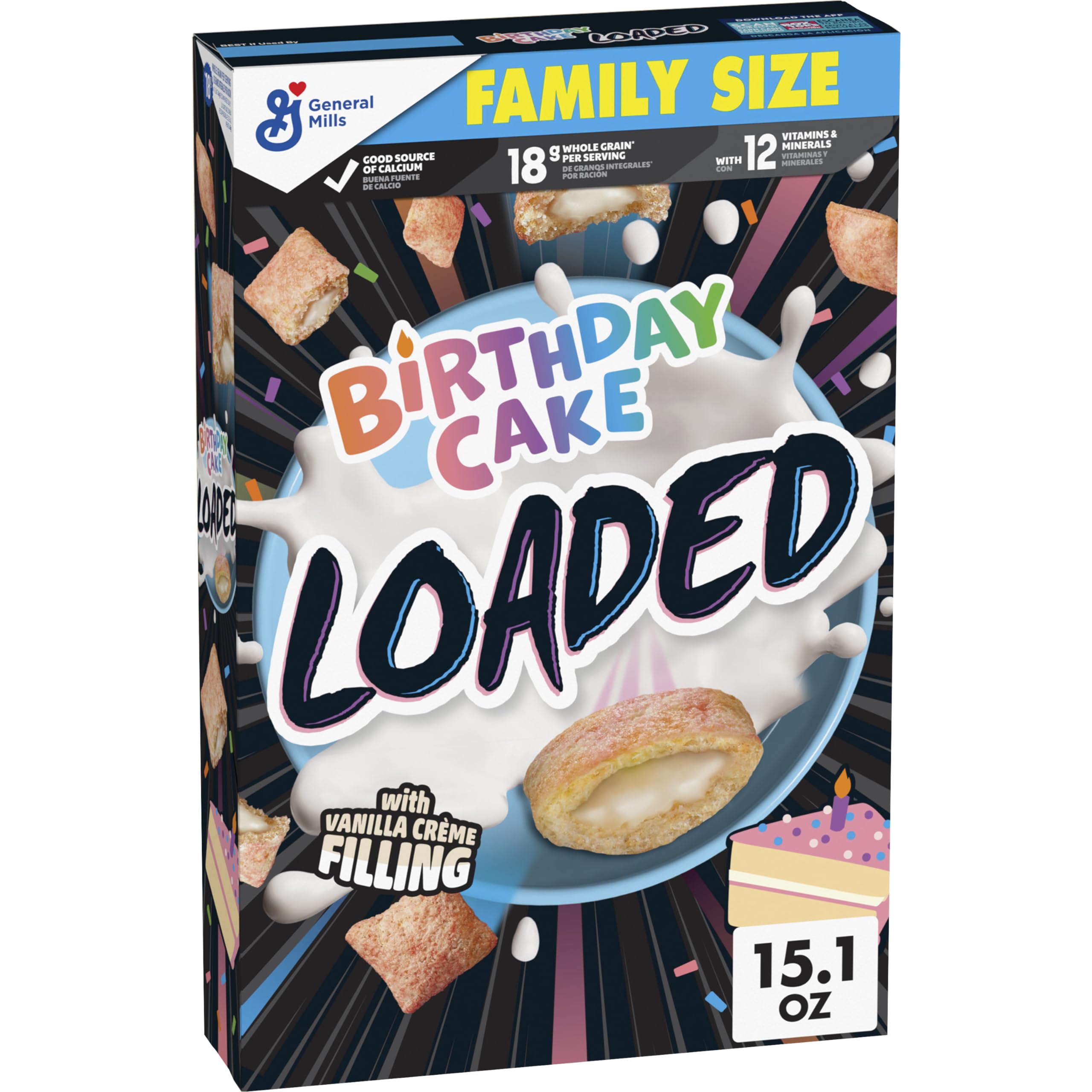 Birthday Cake Loaded Cereal, Crispy Cereal With Artificially Flavored Vanilla Creme Filling, Made With Whole Grain, Family Size, 15.1 oz