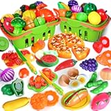 100 PCS Cutting Play Food Toy for Kids Kitchen&comma; Pretend Food Toys for Toddlers&comma; Play Kitchen Toys Accessories with 2 Baskets&comma; Fake Food&sol;Fruit&sol;Vegetable&comma; Birthday Gifts for 3 4 5 6 Years old Girls Boys