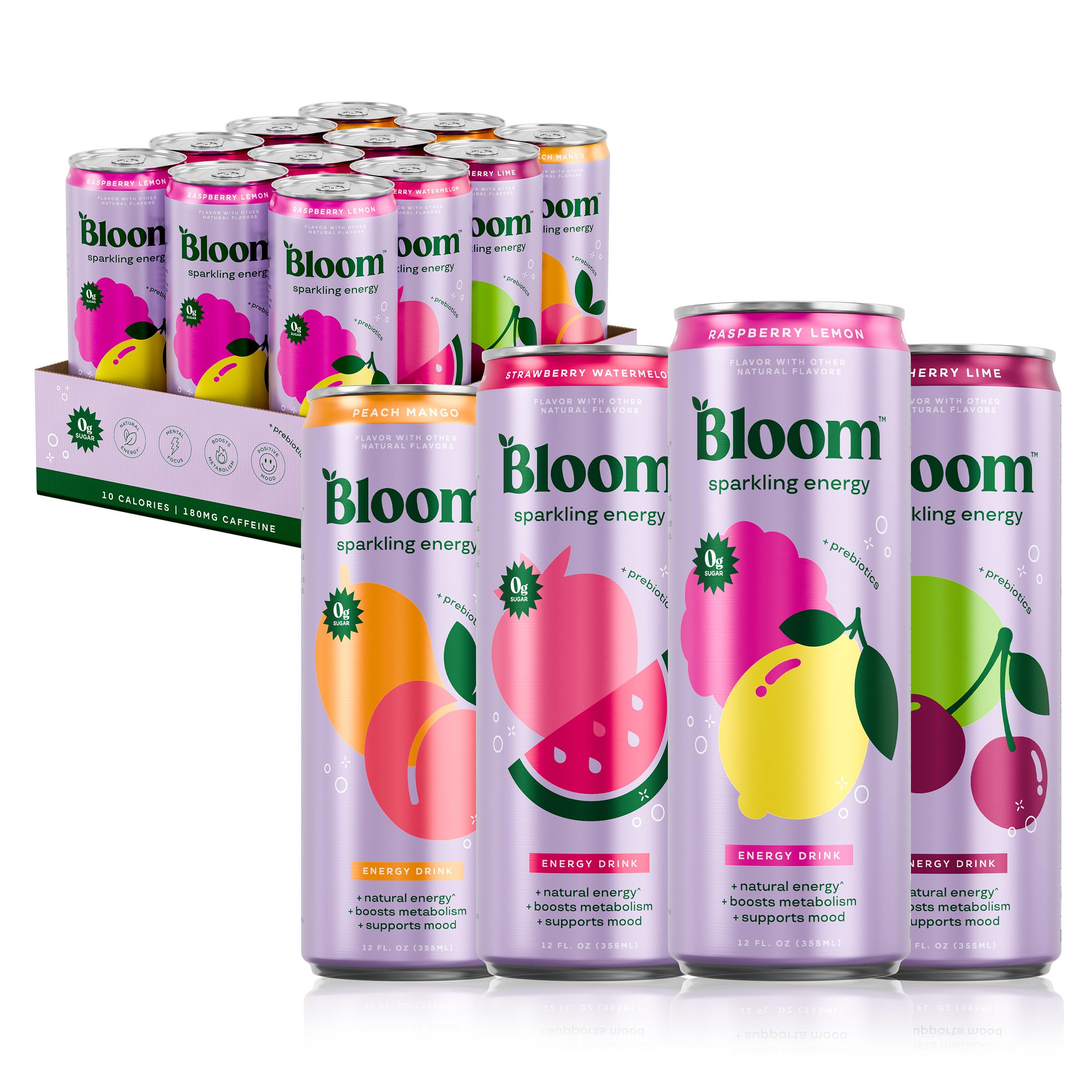 Bloom NutritionSparkling Energy Drink - Variety Pack - Natural Caffeine, Zero Sugar, 180mg Caffeine - Antioxidant-Rich with Green Coffee Bean, Green Tea Extract, Prebiotics - 12oz 12 Pack