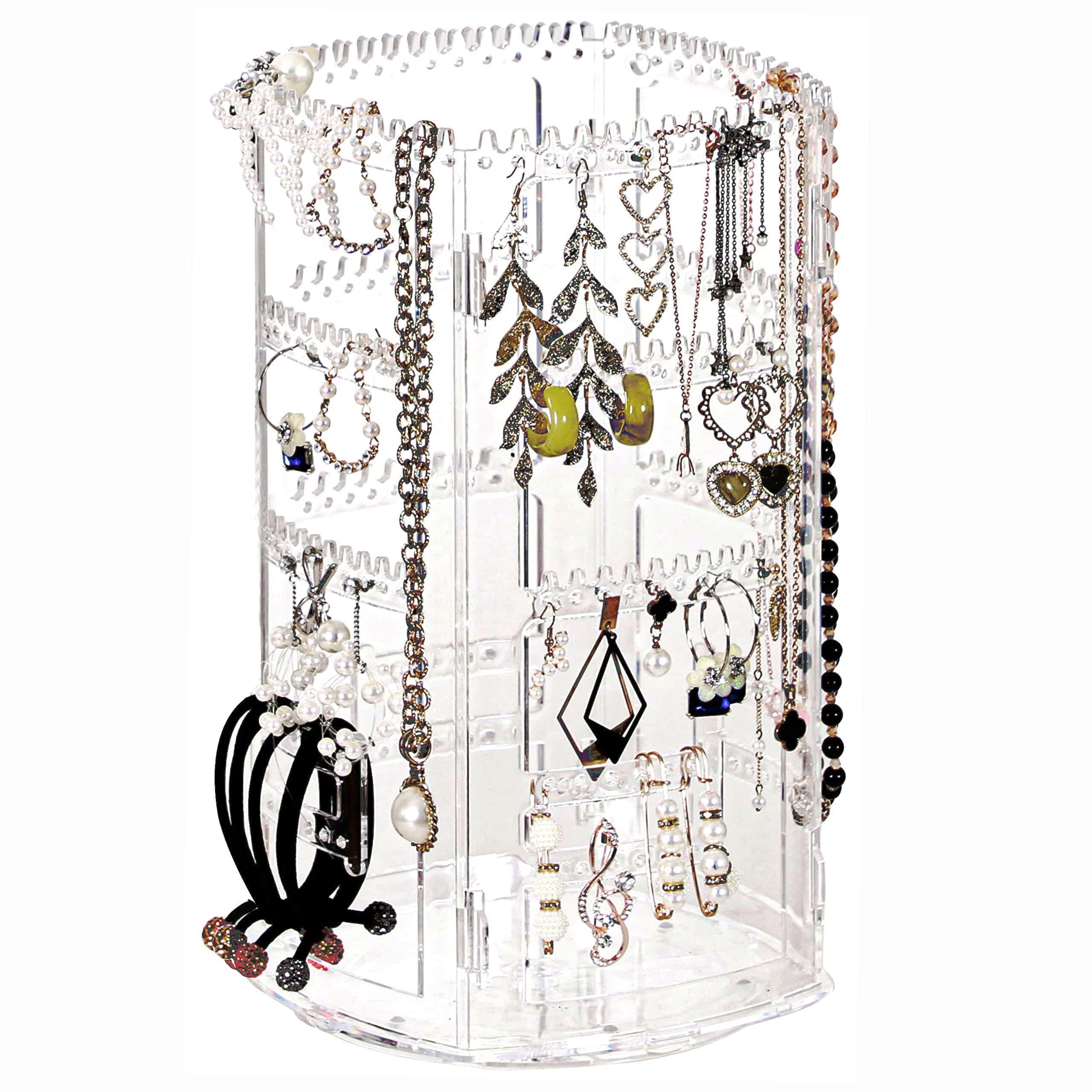 ROWNYEONJewellery Stand 360 Rotating Display Stand Earring Storage Organiser Earring Holder,4 Tiers Necklace Rack 176 Holes and 136 Grooves 4 Holders For Hair Ties,Bangles,Bracelet,Rings,Watch