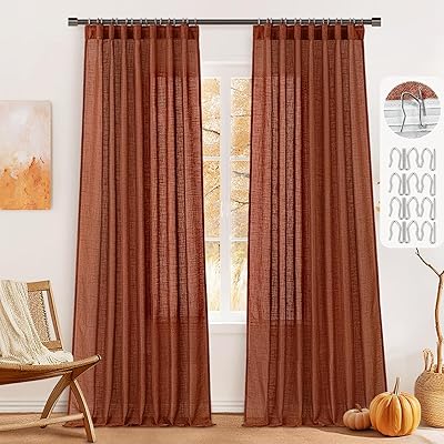 MIULEE Burnt Orange Linen Curtains 84 Inches Long 2 Panels for Bedroom Living Room, Pleat Tape with Hooks Soft Linen Textured Window Drapes Semi Sheer Light Filtering Terracotta Rust Boho Fall