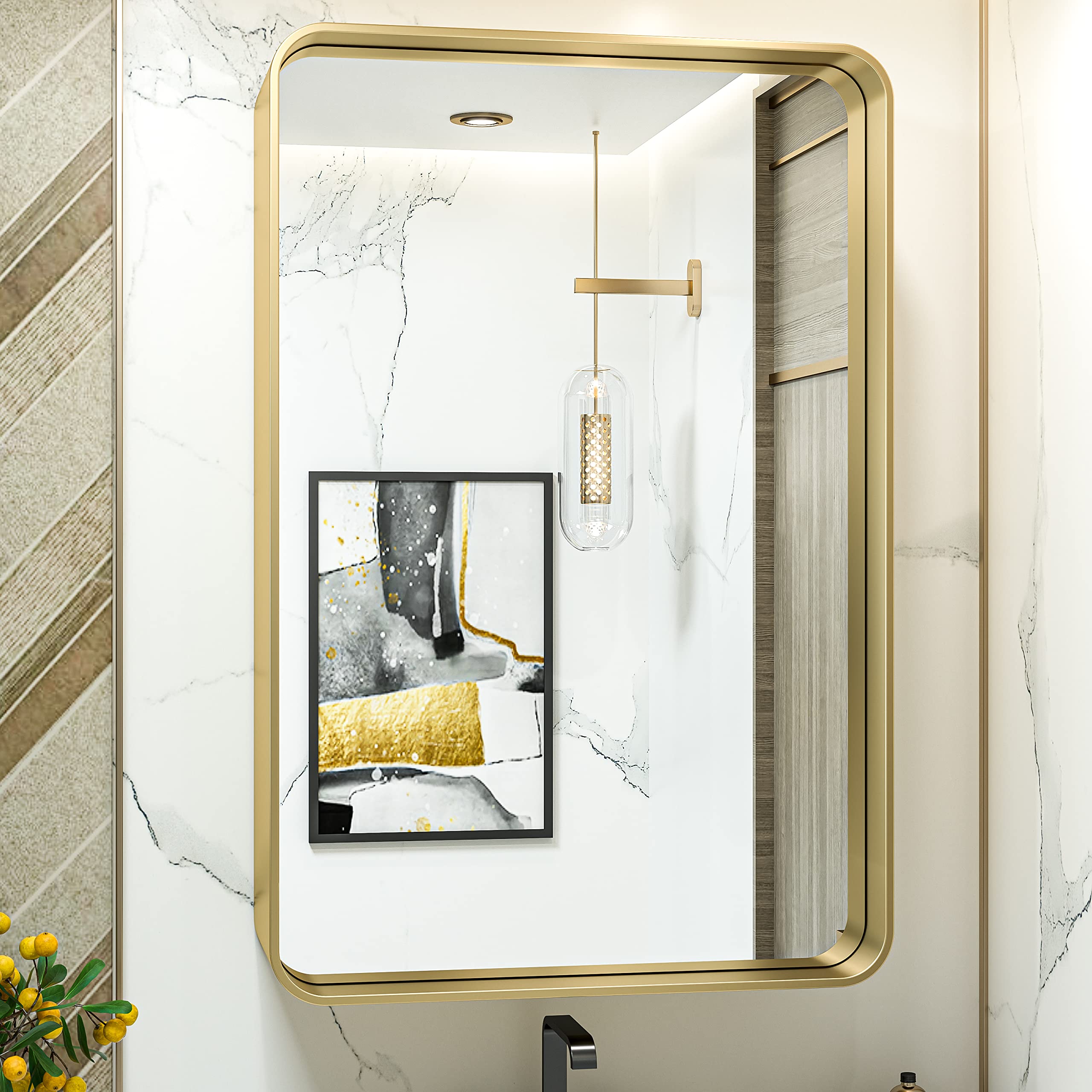 TokeShimi Gold Bathroom Mirror for Wall 24 x 36 Inch Metal Rounded Corner Rectangle Mirror Wall Mirror Metal Frame Deep Set Design Hangs Horizontal Or Vertical Rustic Mirror