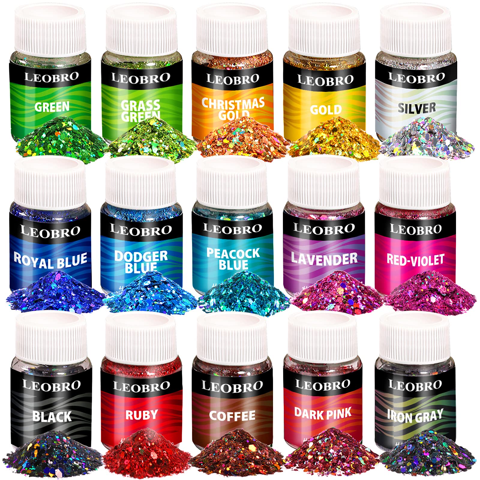 LEOBRO Holographic Chunky Glitter, 15 Colors Craft Glitter for Resin, Nail Glitter, Festival Cosmetic Eye Hair Face Body Glitter, Glitter Flakes Sequins for Epoxy Resin Tumbler DIY Arts Crafts