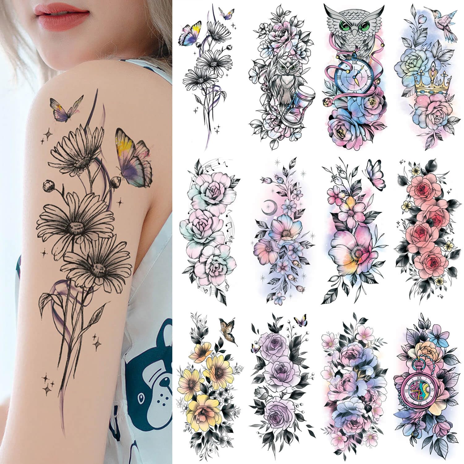 GLARYYEARS Flower Temporary Tattoo for Women, 12 Pack Big Fake Realistic Tattoos, Long-lasting Beautiful 3D Floral tattoos, Makeup on Half Arm Leg Body Thigh