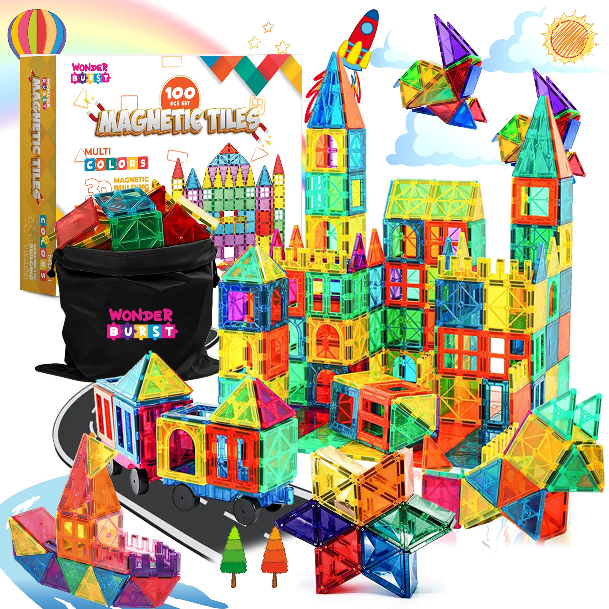 WONDERBURST 100-Pcs Premium Magnetic Tiles for kids, 3D Building Blocks Constructional Set - Unleash Limitless Creativity and STEM Learning, Deluxe Set with 2 Cars