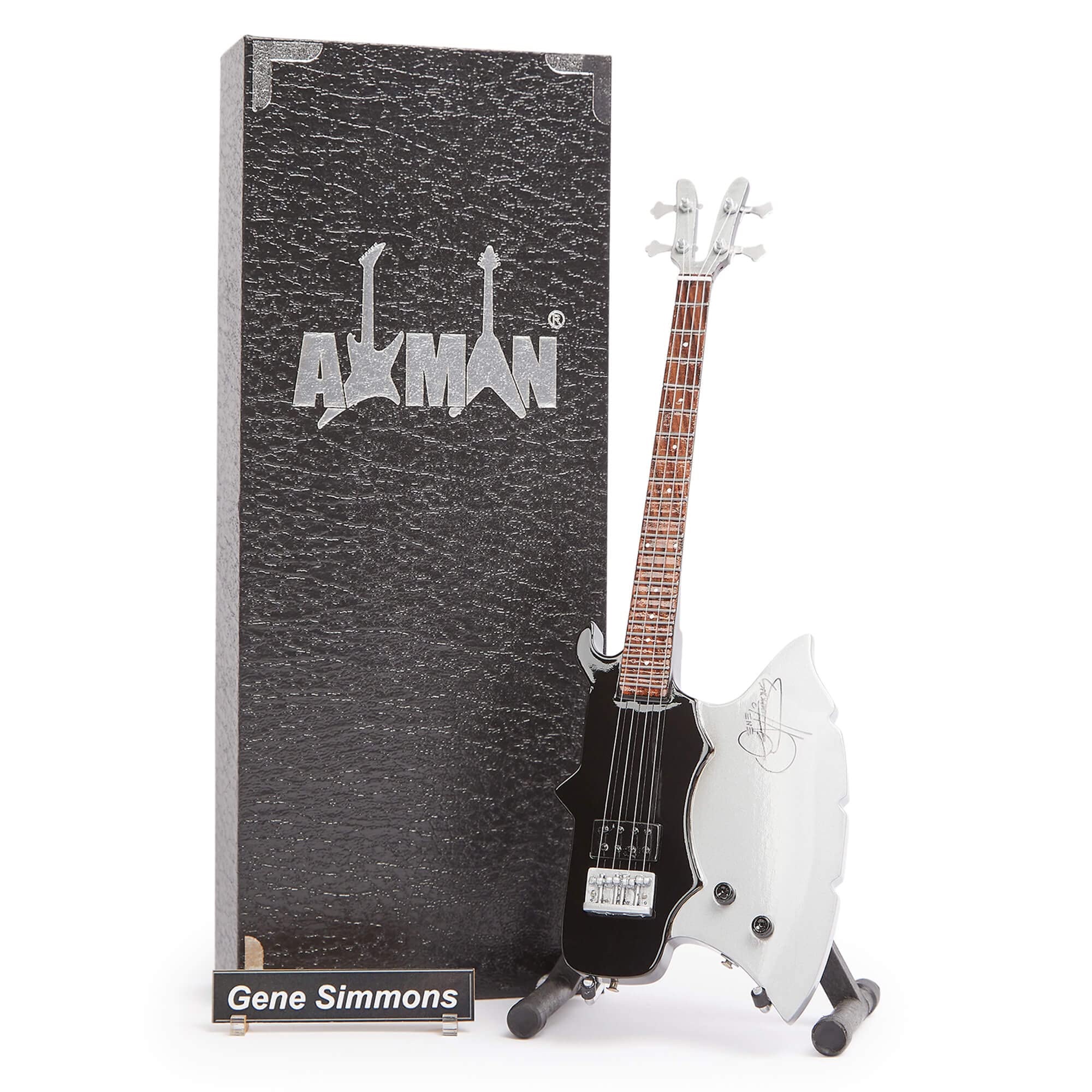 Gene Simmons (Kiss) Axe Bass Miniature Guitar Replica, Music Gifts, Handmade Ornamental 1/4 Scale, Display Box, Name Tag and Miniature Guitar Stand Included, gifts for music lovers