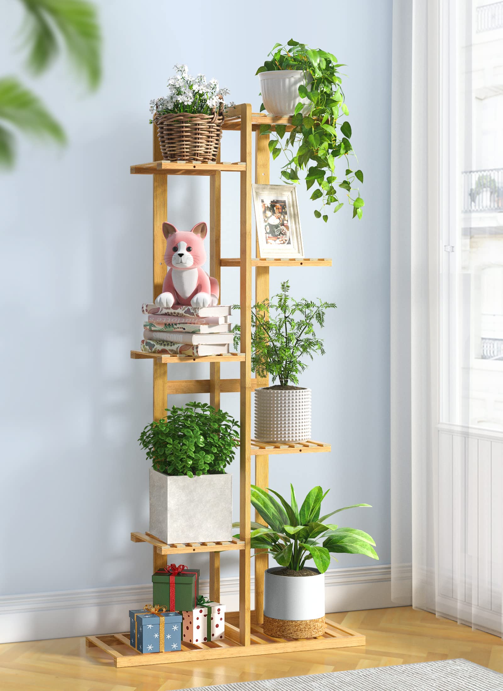 Photo 1 of Plant Stand for Indoor Plants Multiple, 7 Tier 8 Potted Bamboo Plant Stand, Plant Shelf Holder Rack Tall Plant Stand for Living Room Patio Garden Corner Balcony by Easoger (Wood Color) Light wood