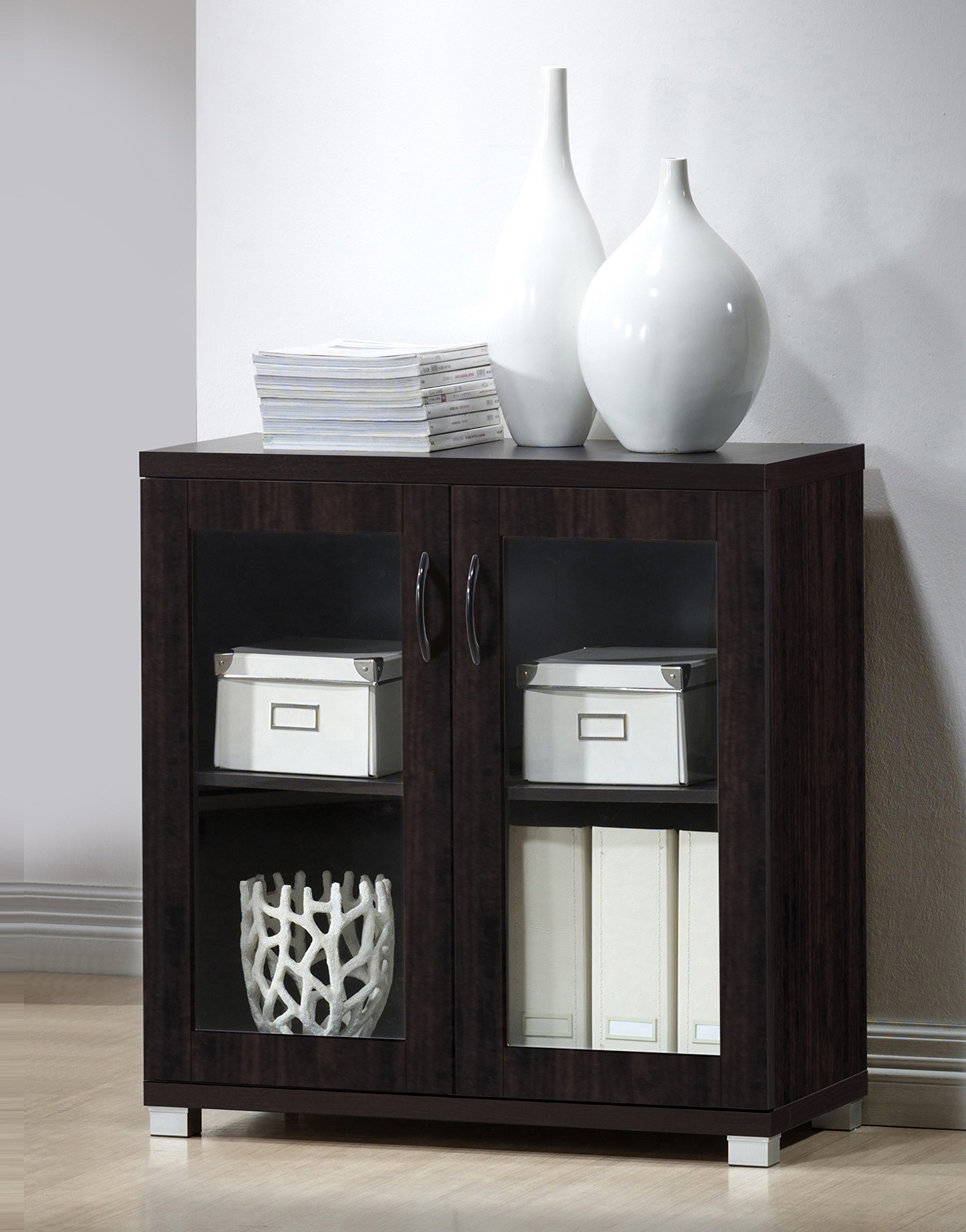 Baxton StudioWholesale Interiors Zentra Sideboard Storage Cabinet with Glass Doors, Dark Brown