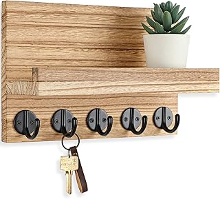 Lwenki Key Holder for Wall, Decorative Key and Mail Holder with Shelf Has Large Key Hooks for Bags, Coats – Paulownia Wood...