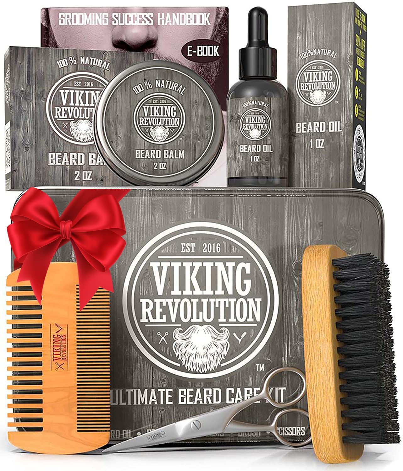 Viking RevolutionBeard Care Kit for Men - Kit includes 100% Boar Beard Brush, Wooden Comb, Beard Balm, Beard Oil, Beard & Mustache Scissors in a Metal Box