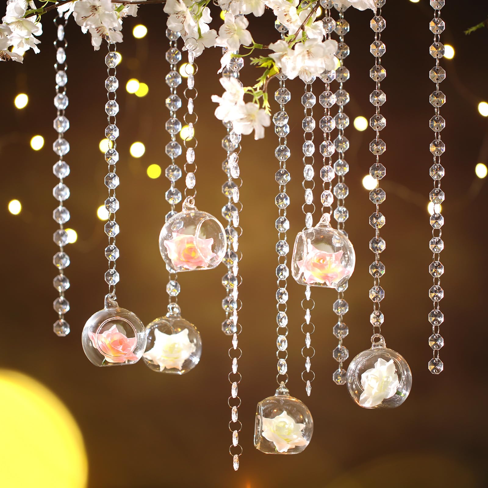 Yoande12 Sets Hanging Glass Tealight Holder Glass Globes with Acrylic Gems Bead Garland Strands and Flowers 2.36 Inch Hanging Glass Terrarium for Wedding Party Tree Decoration