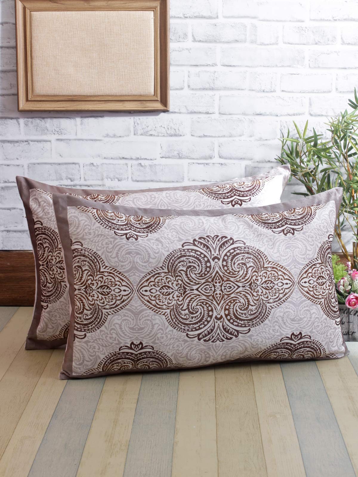 ROMEE Ethnic Motifs Print Polyester Velvet Pillow Covers 17x28 Inch Set of 2 - Off White & Grey