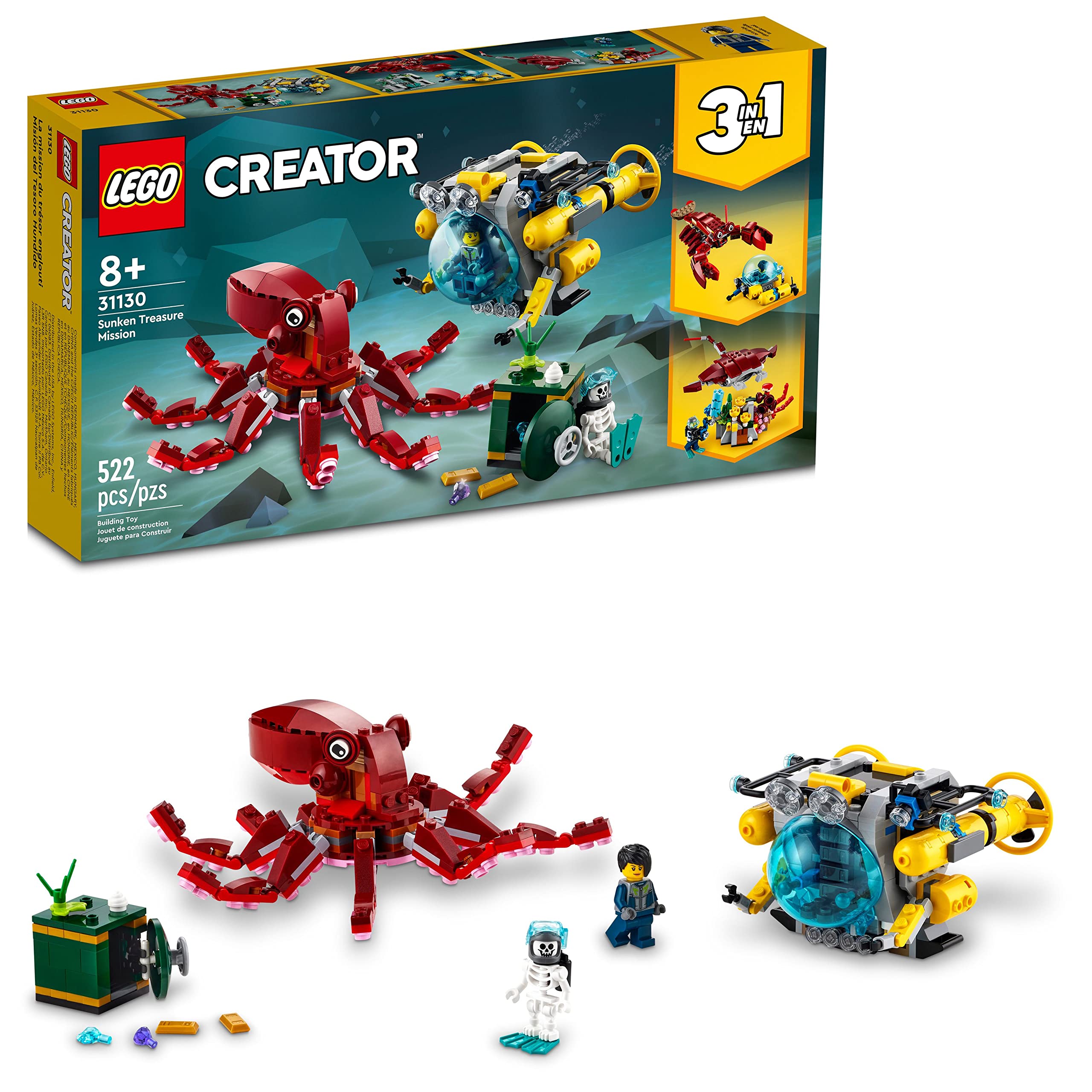 LEGOCreator 3 in 1 Sunken Treasure Mission Submarine Toy, Underwater Creatures Transform from Octopus tp Lobster to Manta Ray, Fun Sea Animal Figures, 31130