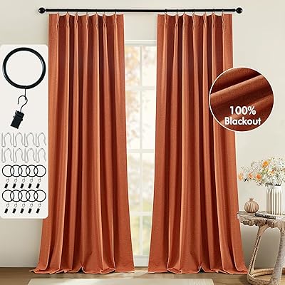 MIULEE 100% Blackout Curtains for Bedroom 90 Inches Long 2 Panels Set Pinch Pleat Back Tab Clip Rings Fall Terracotta Rust Linen Textured Black Out Pleated Living Room Darkening Drapes, Burnt Orange