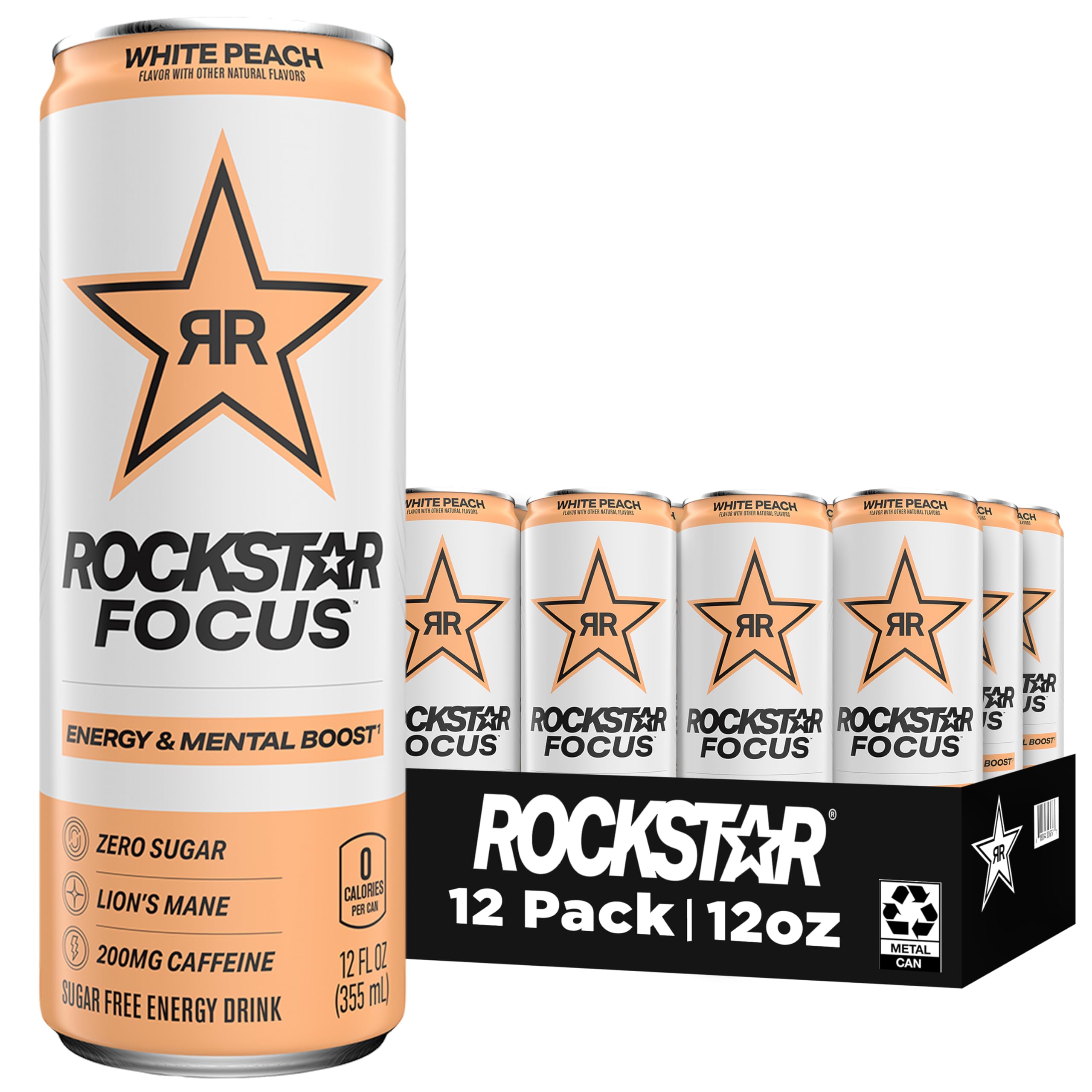 Rockstar Focus, White Peach, 12 Fl Oz Cans (Pack of 12)