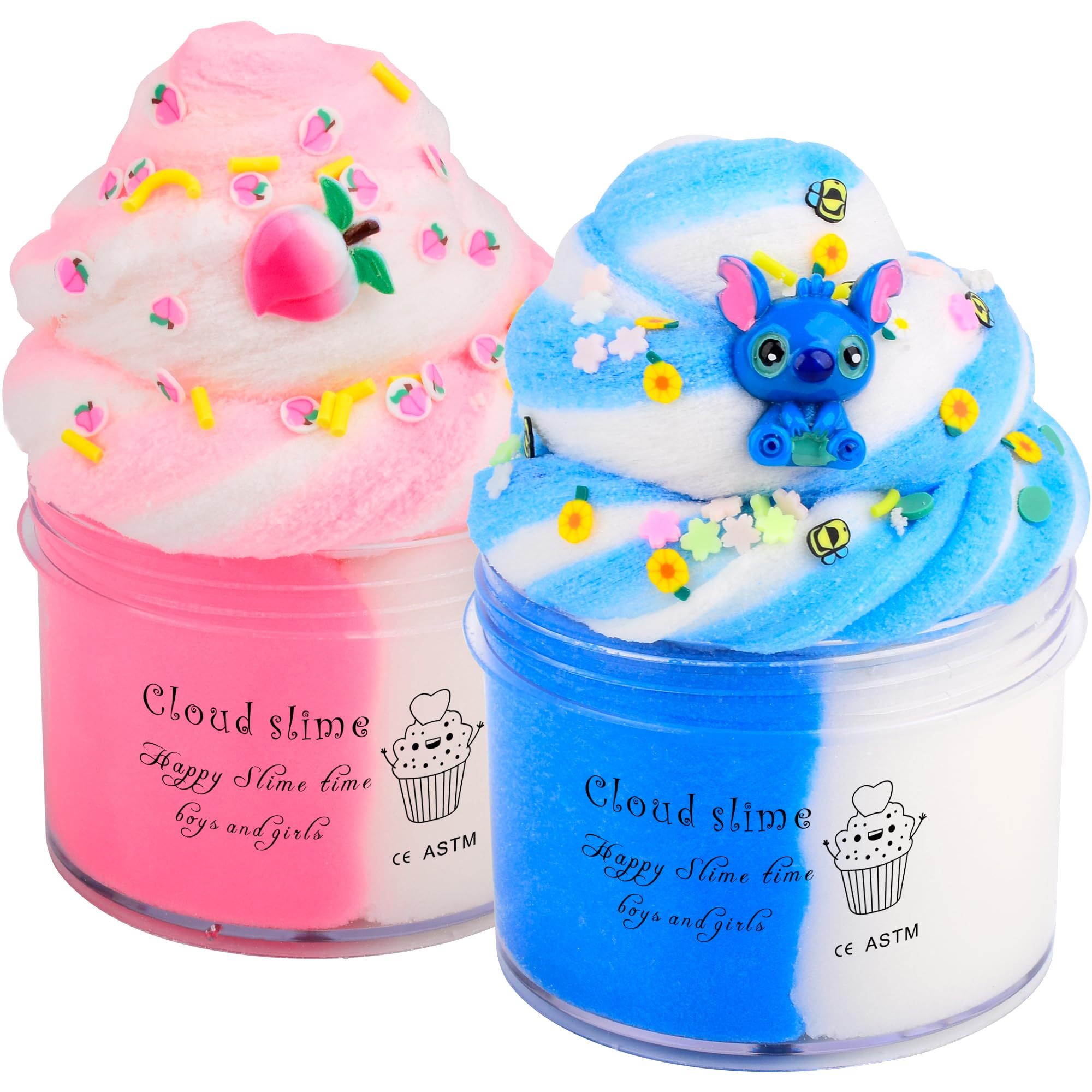 2 Pack Cloud Slime Kit with Blue Cake and Pink Peach Charms, Scented DIY Slime Supplies for Girls and Boys, Stress Relief Toy for Kids Education, Party Favor, Gift and Birthday