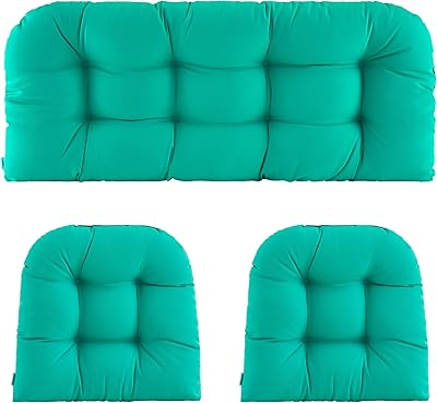 ZEOLABS Wicker Chair Cushions of 3 Pieces Waterproof Tufted Outdoor Seat Cushions for Patio Furniture Sofa Settee Couch,1 Loveseat and 2 U-Shaped Cushions,Teal