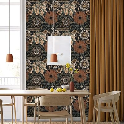 WENMER Floral Peel and Stick Wallpaper Boho Floral Wallpaper Brown/PeachPuff/Green Retro Floral Contact Paper Self Adhesive Removable Leaf Wallpaper for Bathroom Cabinets DIY Decor 17.7 in x 32.8ft