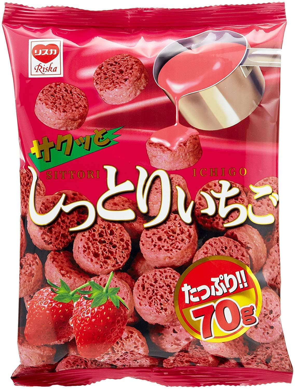 Riska Shittori Ichigo Sakutto Riska Corn Puff Soaked with Strawberry, 2.46 oz, Pack of 5, Japanese Snack