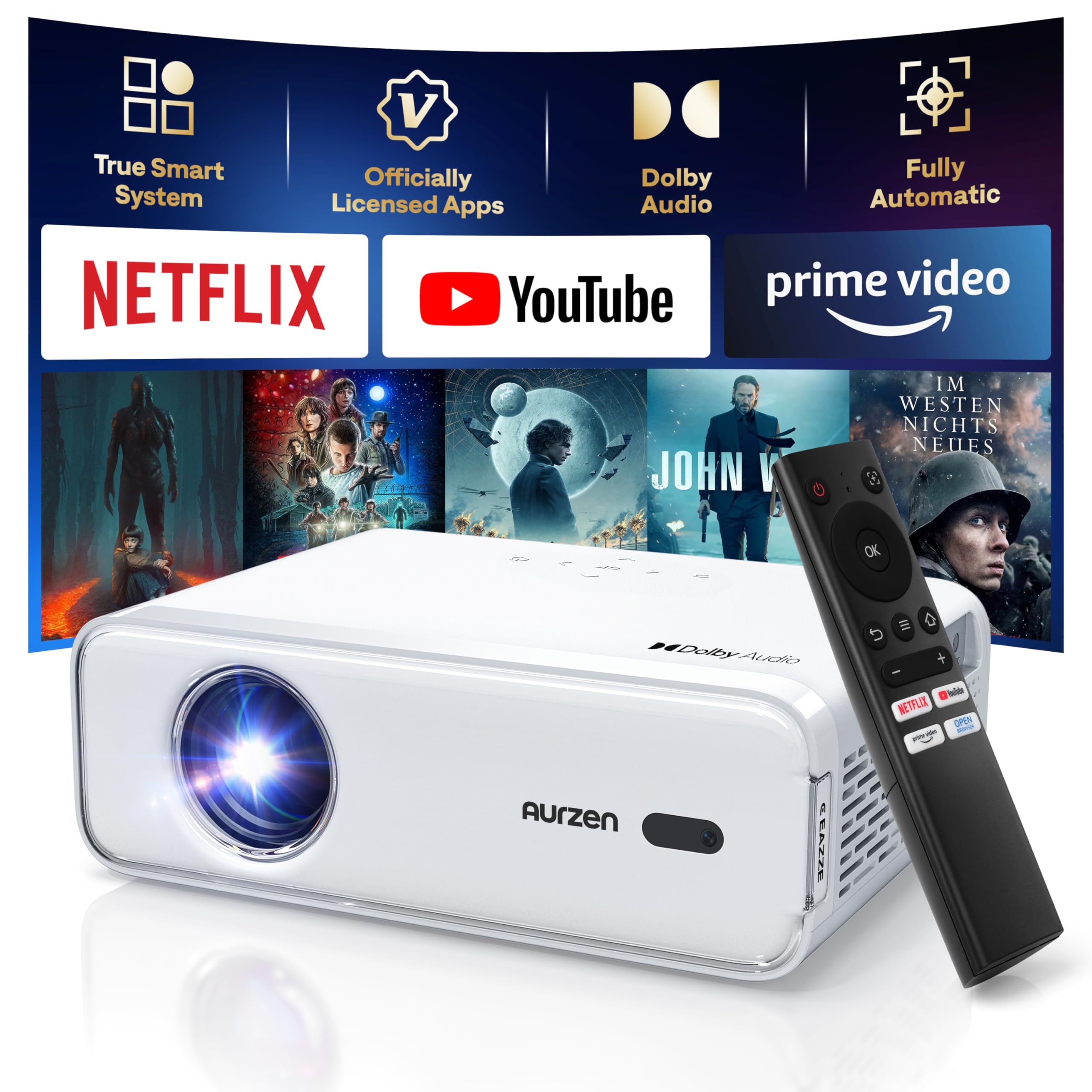 EAZZE D1 Smart Projector with WiFi and Bluetooth, Netflix-Officially-Licensed, Auto Focus & Keystone, DoIby Audio, Zoom, Native 1080P Movie, Portable Outdoor Mini Projector, White