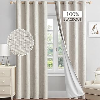 MIULEE Linen Textured 100% Blackout Curtains for Bedroom 120 Inches Long Ivory Thermal Insulated Black Out Window Curtain...