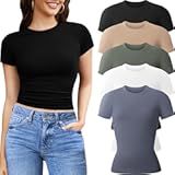 3&sol;5 Pack Womens T Shirts Crew Neck Short Sleeve Shirts for Women Casual Basic Fitted Stretchy Tee Tops