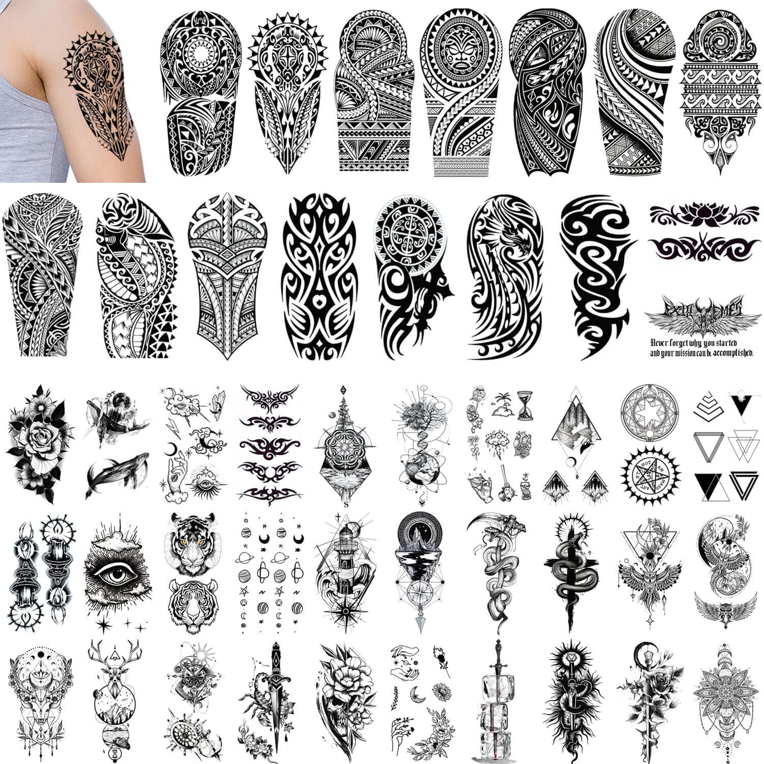 GLARYYEARS Maori Temporary Tattoo for Men Adults, 46-Pack Large Small size Realistic Tattoos, Totem Tribal Tiki Turtle Manta Fake Tattoo Stickers, Long-lasting Cool Black Body Half Arm Tattoos