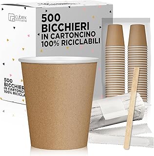 cubex professional® - Kit de 500 vasos reciclables de cartón color Habana, 75 ml + 500 paletinas de madera de 9 cm en sobr...