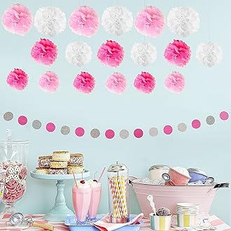 Image of 19 Pieces Tissue Pom Pom Paper by Belle Vous - Hanging Pom Poms and Circle Bunting Banner for Birthday, Wedding & More - Paper Flowers in Light & Hot Pink and White - Pink & Silver Garland Bunting